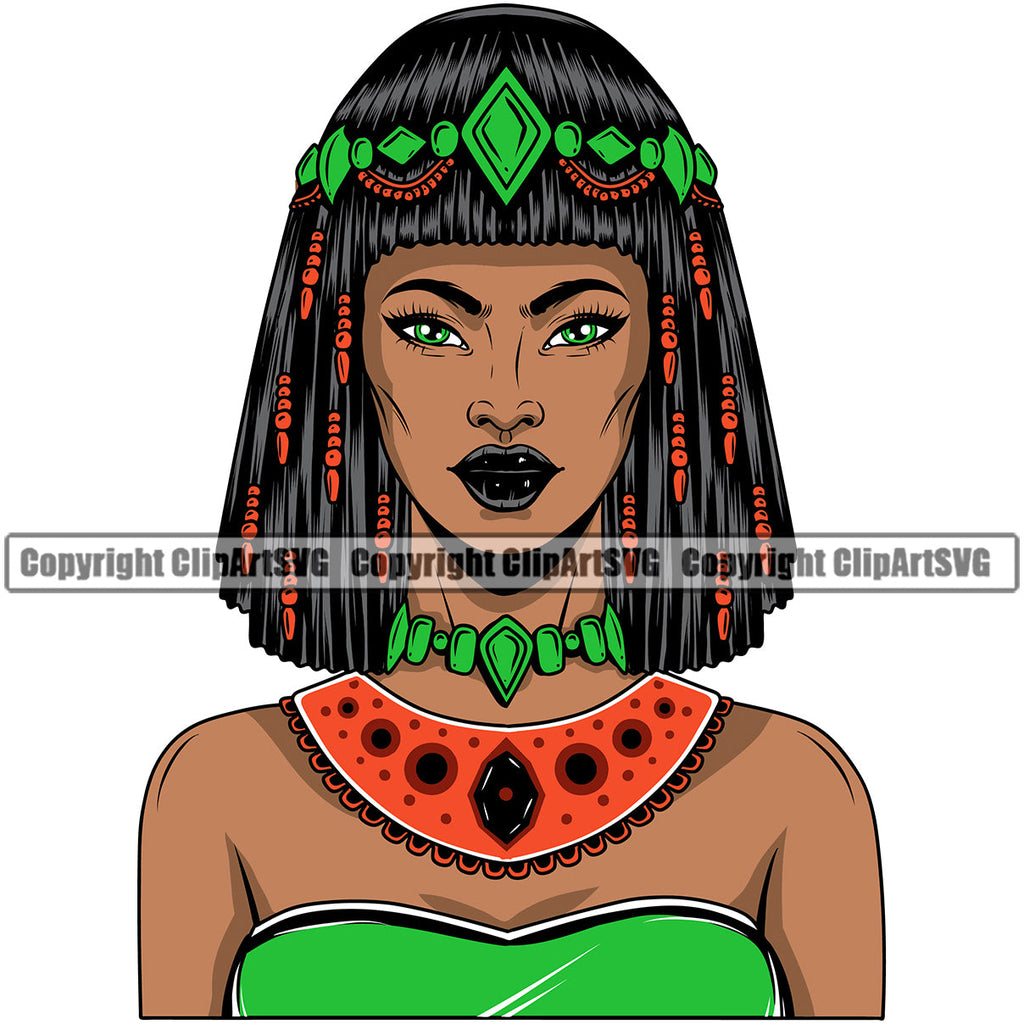 Black Woman African American Queen Female Nubian Lady Cartoon Character Girl Head Face Portrait Jewels Hair Braid Bow Ribbon Dress Jewelry Color Art Design Logo Clipart SVG