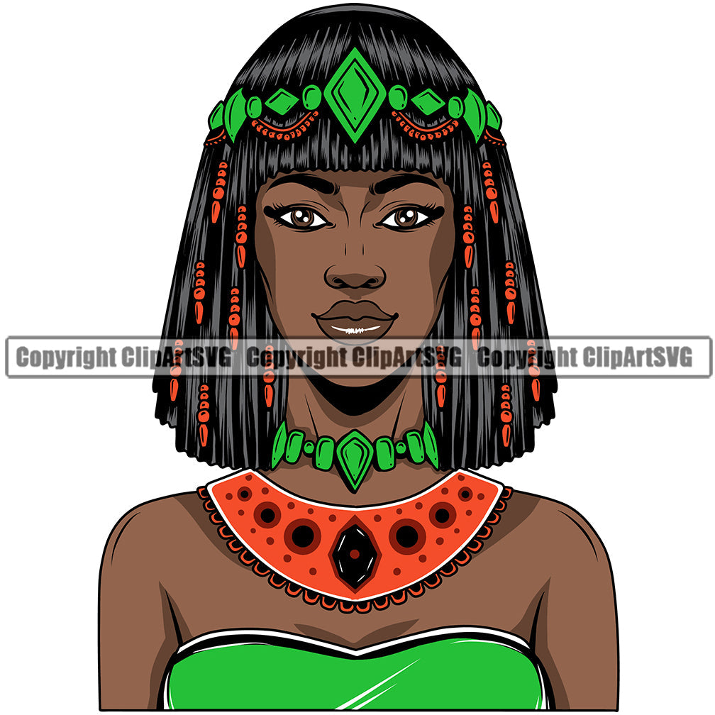 Black Woman African American Female Queen Nubian Lady Cartoon Character Girl Head Face Portrait Jewels Hair Braid Bow Ribbon Dress Jewelry Color Art Design Logo Clipart SVG