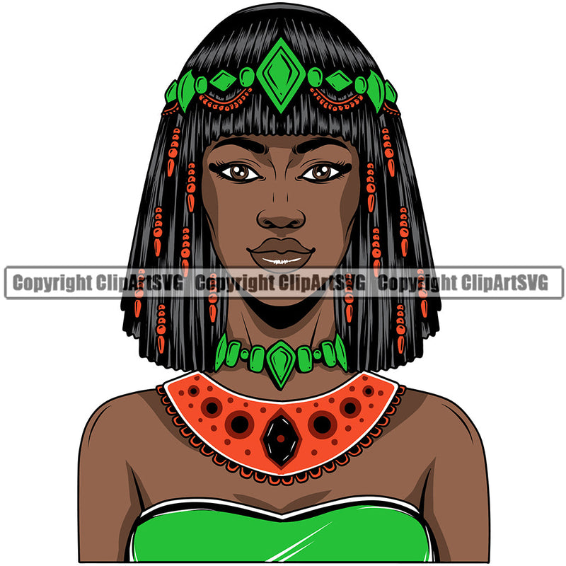 Black Woman African American Female Queen Nubian Lady Cartoon Character Girl Head Face Portrait Jewels Hair Braid Bow Ribbon Dress Jewelry Color Art Design Logo Clipart SVG