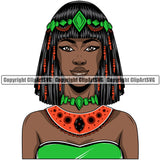 Black Woman African American Female Queen Nubian Lady Cartoon Character Girl Head Face Portrait Jewels Hair Braid Bow Ribbon Dress Jewelry Color Art Design Logo Clipart SVG
