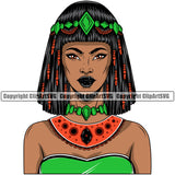 Black Woman African American Female Nubian Queen Lady Cartoon Character Girl Head Face Portrait Jewels Hair Braid Bow Ribbon Dress Jewelry Color Art Design Logo Clipart SVG