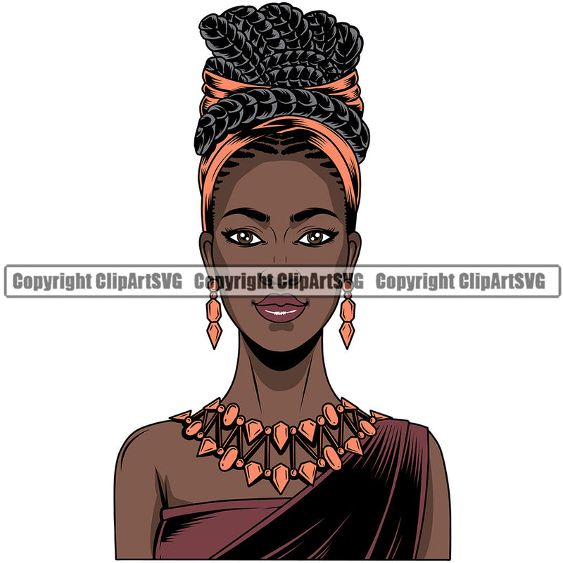 Black Woman African American Female Queen Nubian Lady Cartoon Character Girl Head Face Portrait Model Hair Afro Braid Turban Dress Jewelry Art Color Design Logo Clipart SVG