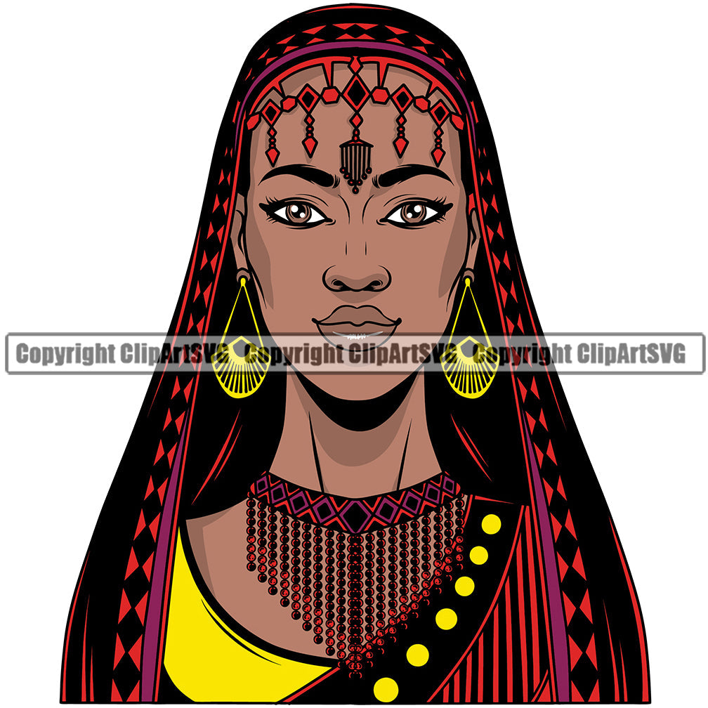 Black Woman African American Female Nubian Lady Queen Cartoon Character Girl Face Head Portrait Model Hair Afro Braid Turban Dress Jewelry Color Art Design Logo Clipart SVG