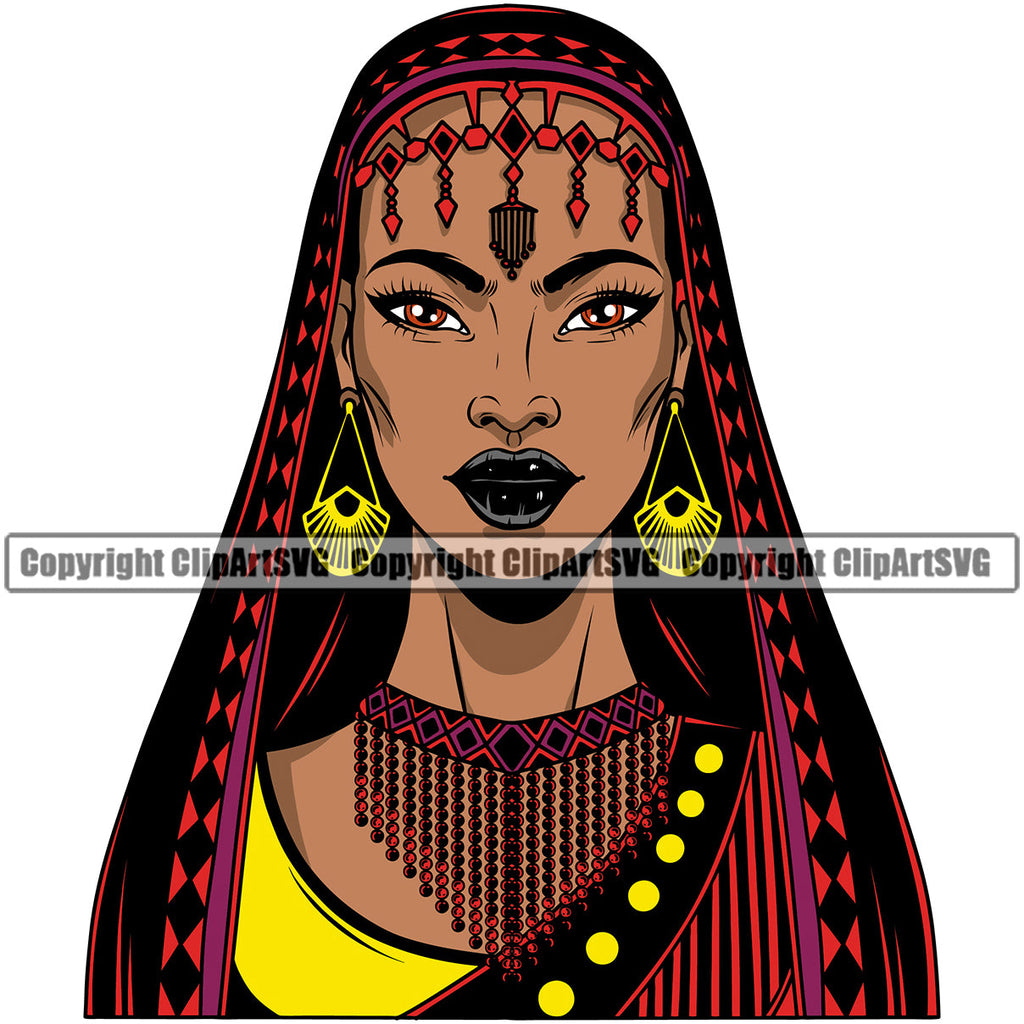 Black Woman African American Female Nubian Queen Lady Cartoon Character Girl Head Portrait Face Model Hair Afro Braid Turban Dress Jewelry Color Art Design Logo Clipart SVG