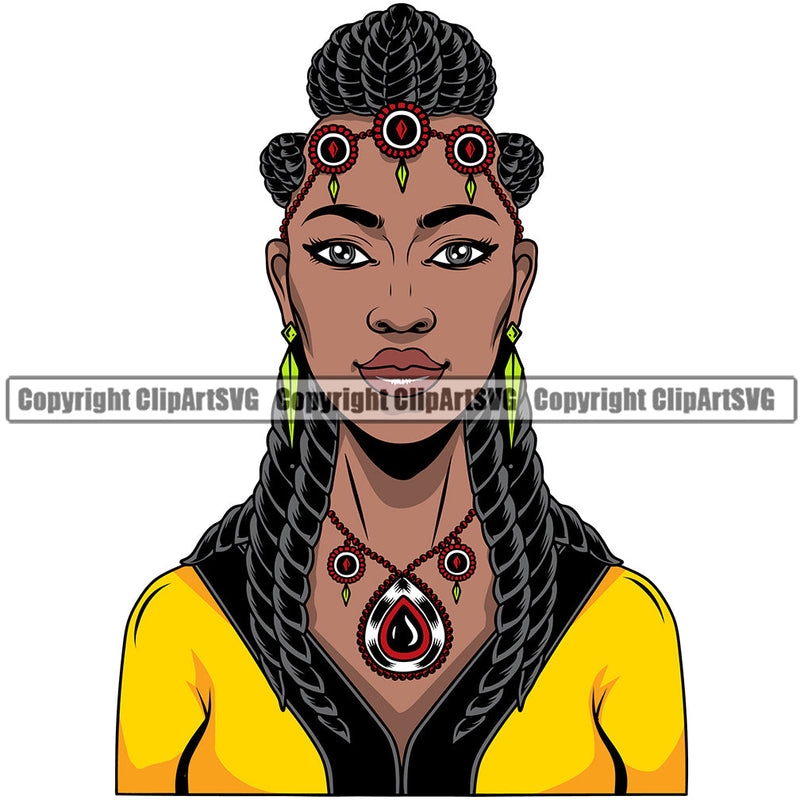 Black Woman African American Female Nubian Queen Lady Cartoon Character Girl Face Head Portrait Model Hair Afro Braid Turban Dress Jewelry Color Art Design Logo Clipart SVG