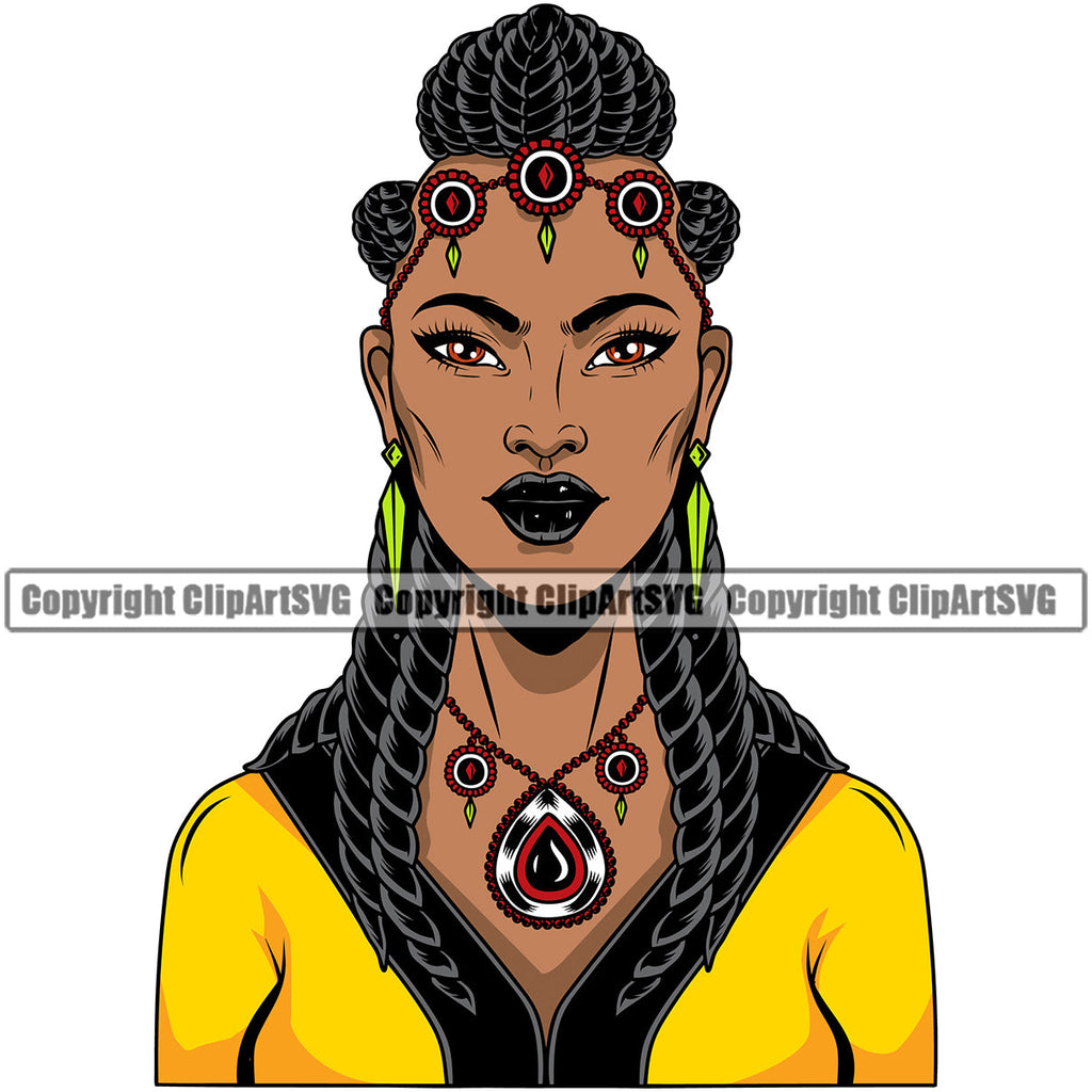 Black Woman African American Female Nubian Queen Lady Cartoon Character Girl Head Face Portrait Model Hair Jewelry Afro Braid Turban Dress Color Art Design Logo Clipart SVG