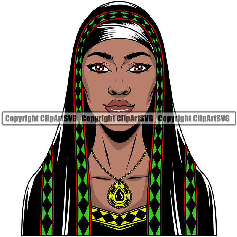 Black Woman African American Female Nubian Queen Lady Cartoon Character Girl Head Face Portrait Model Hat Cap Vail Braid Turban Jewelry Color Art Design Logo Clipart SVG