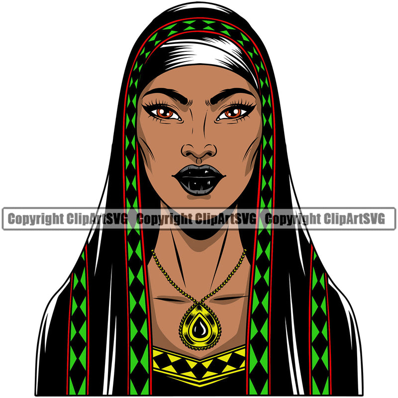 Black Woman African American Female Queen Lady Nubian Cartoon Character Girl Head Face Portrait Model Hat Cap Vail Braid Turban Jewelry Color Art Design Logo Clipart SVG