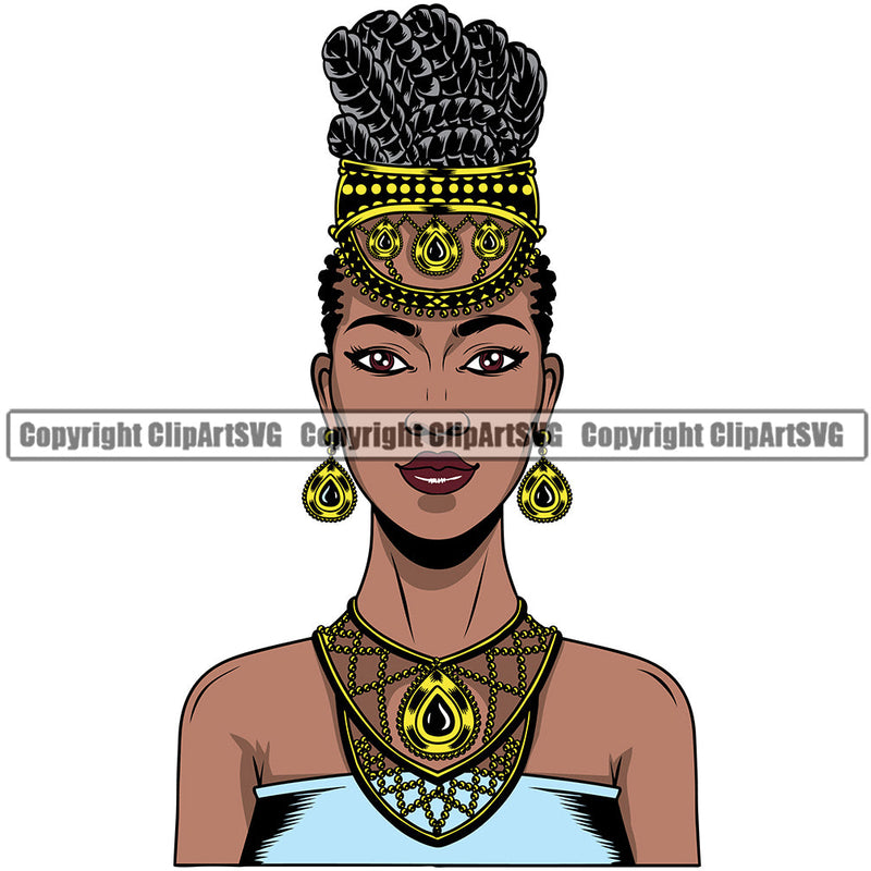 Black Woman African American Queen Female Nubian Lady Cartoon Character Girl Head Face Portrait Model Hair Afro Braid Turban Dress Jewelry Art Color Design Logo Clipart SVG