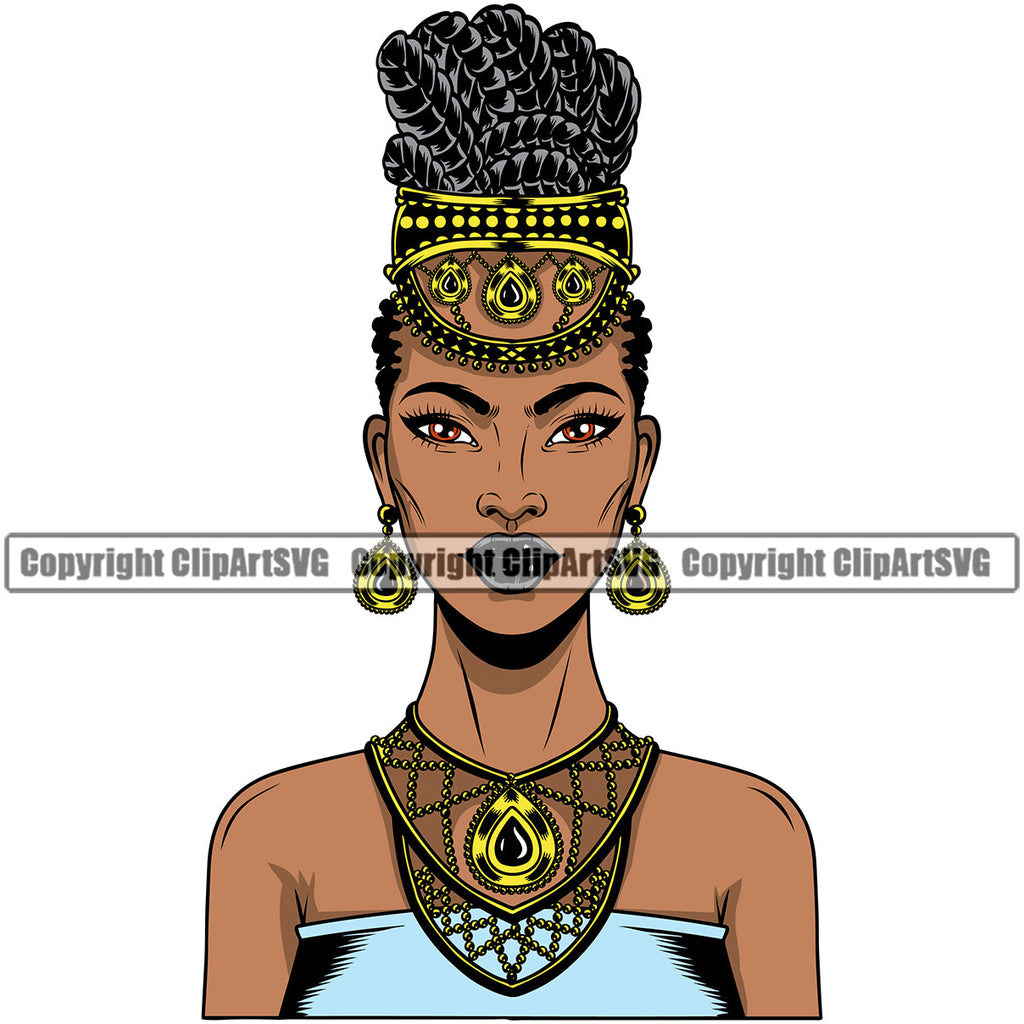 Black Woman African American Female Nubian Queen Lady Cartoon Character Girl Head Face Portrait Model Hair Afro Braid Turban Dress Jewelry Art Color Design Logo Clipart SVG