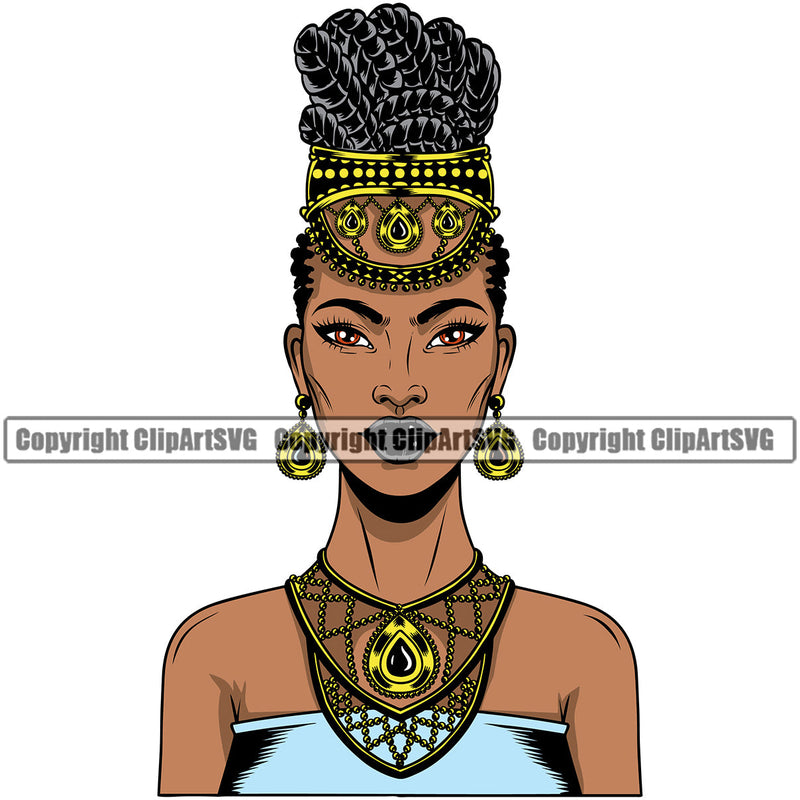 Black Woman African American Female Nubian Queen Lady Cartoon Character Girl Head Face Portrait Model Hair Afro Braid Turban Dress Jewelry Art Color Design Logo Clipart SVG