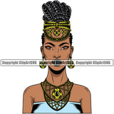 Black Woman African American Female Nubian Queen Lady Cartoon Character Girl Head Face Portrait Model Hair Afro Braid Turban Dress Jewelry Art Color Design Logo Clipart SVG