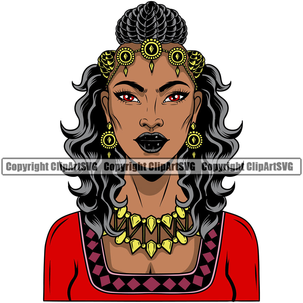 Black Woman African American Female Nubian Lady Queen Cartoon Character Girl Head Face Portrait Jewels Hair Braid Band Dress Jewelry Color Art Design Logo Clipart SVG