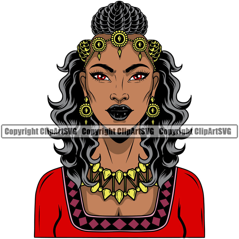 Black Woman African American Female Nubian Lady Queen Cartoon Character Girl Head Face Portrait Jewels Hair Braid Band Dress Jewelry Color Art Design Logo Clipart SVG