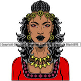 Black Woman African American Female Nubian Lady Queen Cartoon Character Girl Head Face Portrait Jewels Hair Braid Band Dress Jewelry Color Art Design Logo Clipart SVG