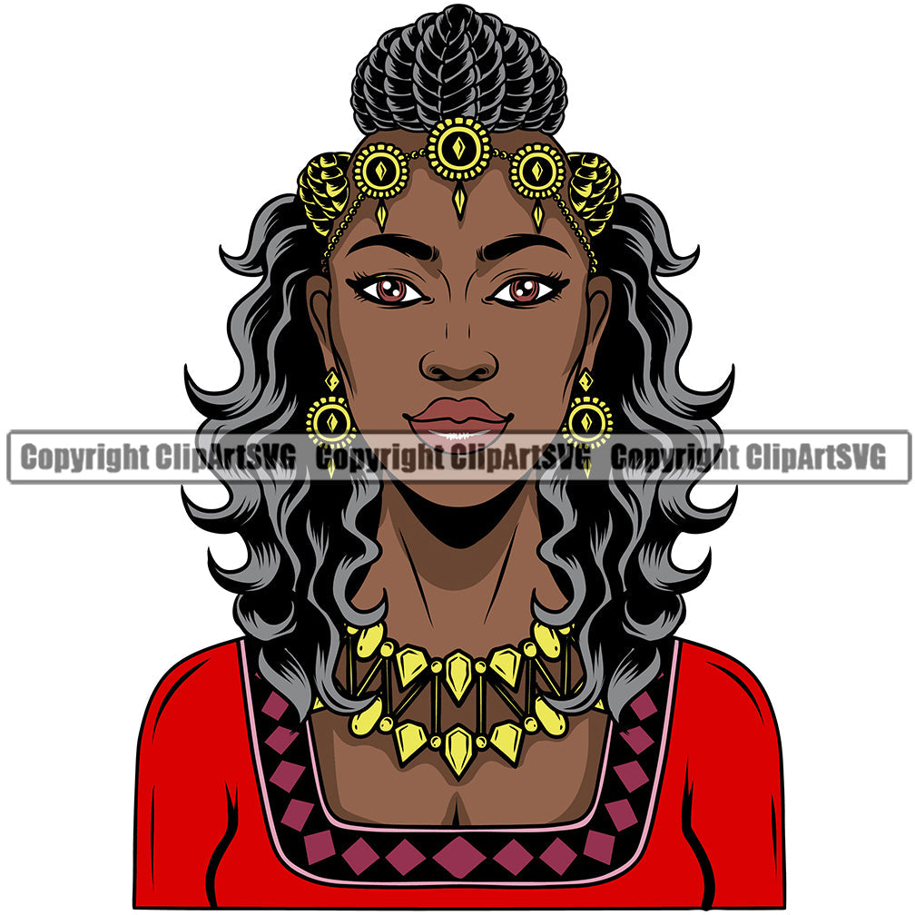 Black Woman African American Female Nubian Queen Lady Cartoon Character Girl Head Face Portrait Jewels Hair Braid Band Dress Jewelry Color Art Design Logo Clipart SVG