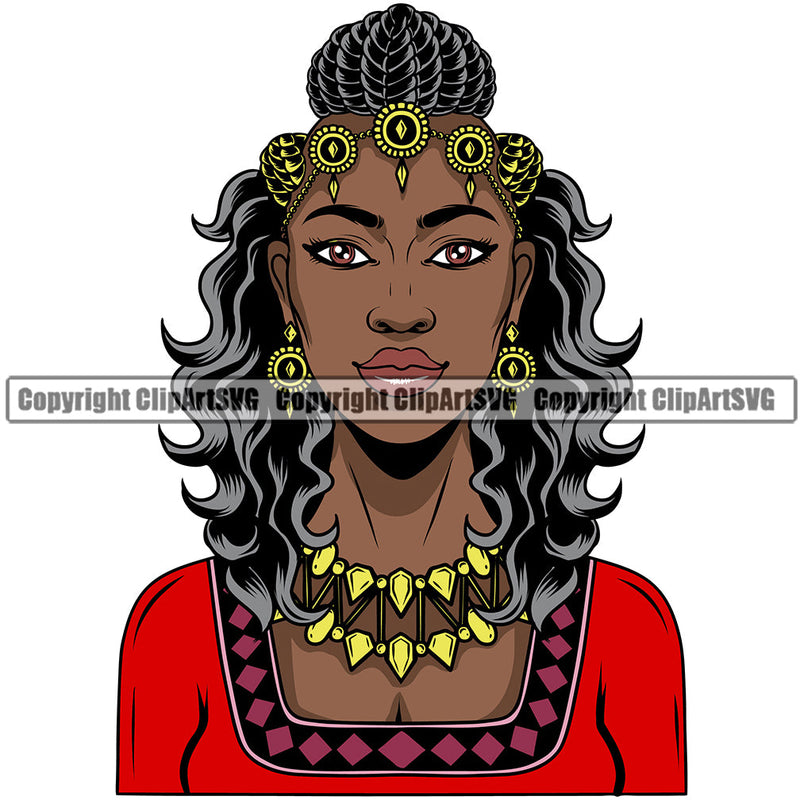 Black Woman African American Female Nubian Queen Lady Cartoon Character Girl Head Face Portrait Jewels Hair Braid Band Dress Jewelry Color Art Design Logo Clipart SVG