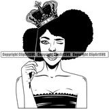 Black Woman African American Female Nubian Queen Lady Cartoon Character Girl Head Face Portrait Cute Hair Afro Big Eyes Lola Sexy Holding Crown On Stick Fashion Silhouette Art Design Logo Clipart SVG