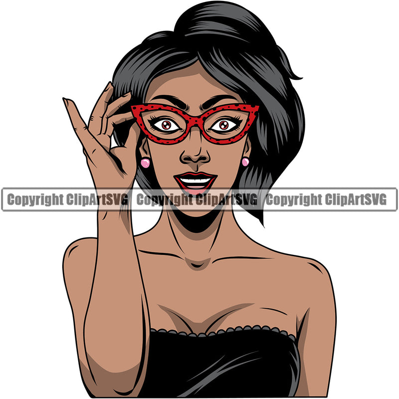 Black Woman African American Female Nubian Queen Lady Cartoon Character Girl Head Face Portrait Jewels Eye Glasses Glass Jewelry Silhouette Art Design Logo Clipart SVG