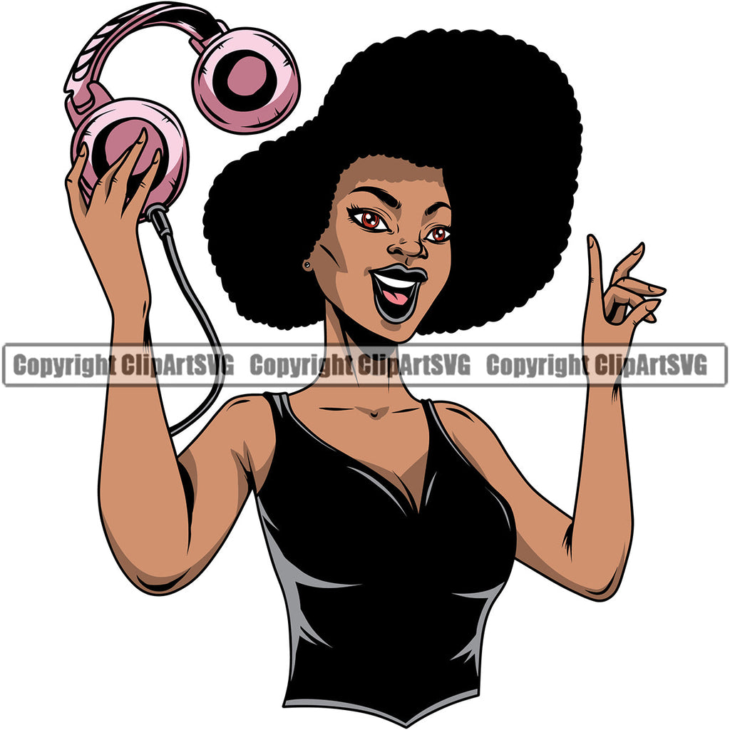 Black Woman African American Female Nubian Queen Lady Cartoon Character Girl Head Face Portrait Jewels Comics With Headphone Jewelry Silhouette Art Design Logo Clipart SVG