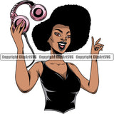 Black Woman African American Female Nubian Queen Lady Cartoon Character Girl Head Face Portrait Jewels Comics With Headphone Jewelry Silhouette Art Design Logo Clipart SVG