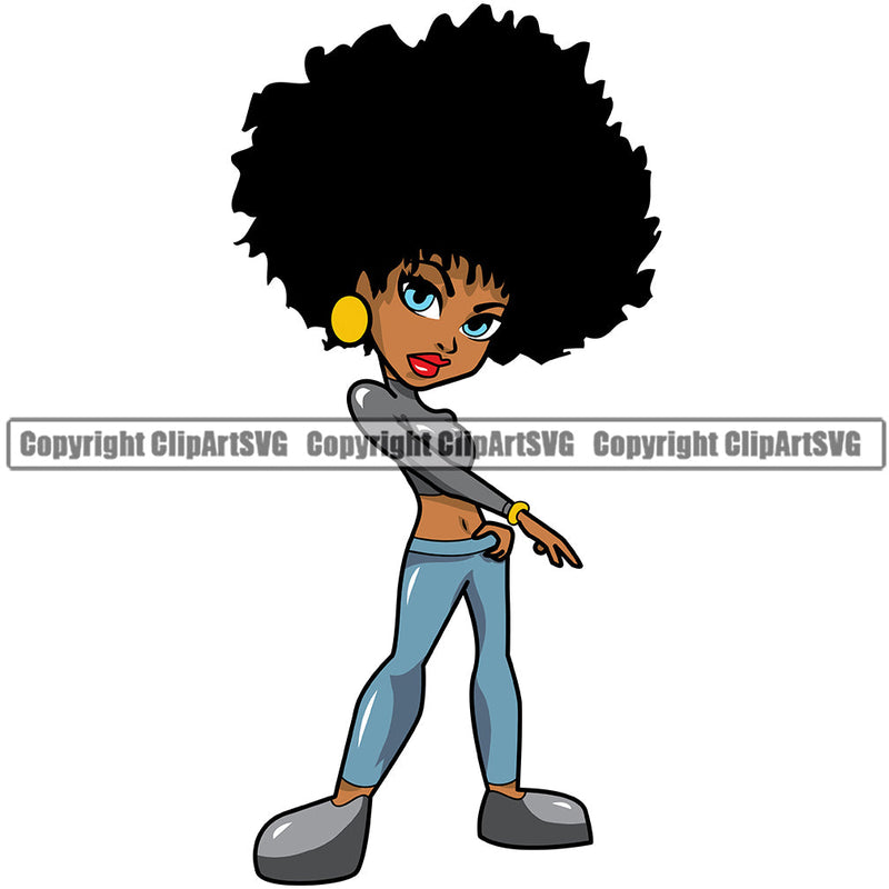 Black Woman African American Female Nubian Queen Lady Cartoon Character Girl Head Face Portrait Cute Hair Afro Big Eyes Lola Posing Silhouette Art Design Logo Clipart SVG