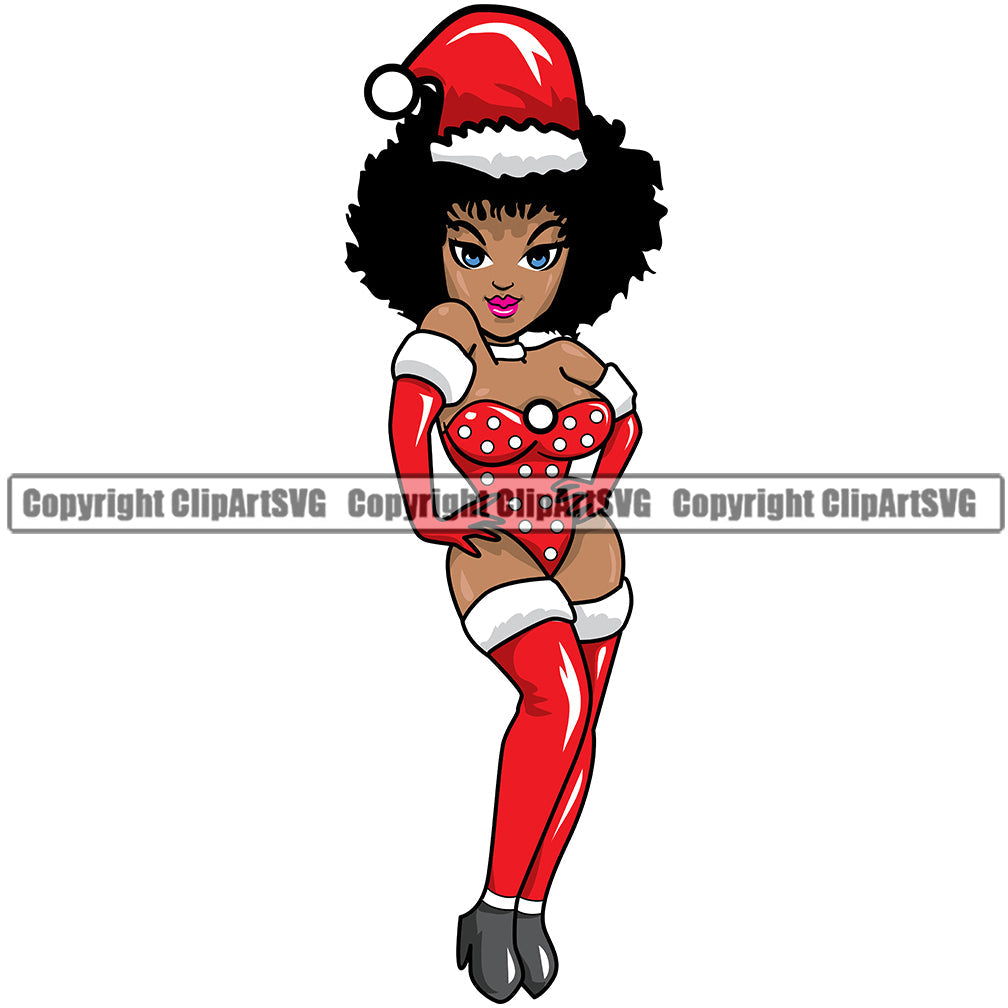Black Woman African American Female Nubian Queen Lady Cartoon Character Girl Head Face Portrait Cute Hair Afro Big Eyes Lola Sexy Santa Christmas Silhouette Art Design Logo Clipart SVG