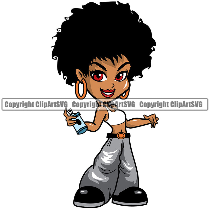 Black Woman African American Female Nubian Queen Lady Cartoon Character Girl Head Face Portrait Cute Hair Afro Big Eyes Lola Sexy Spray Paint Can Silhouette Art Design Logo Clipart SVG