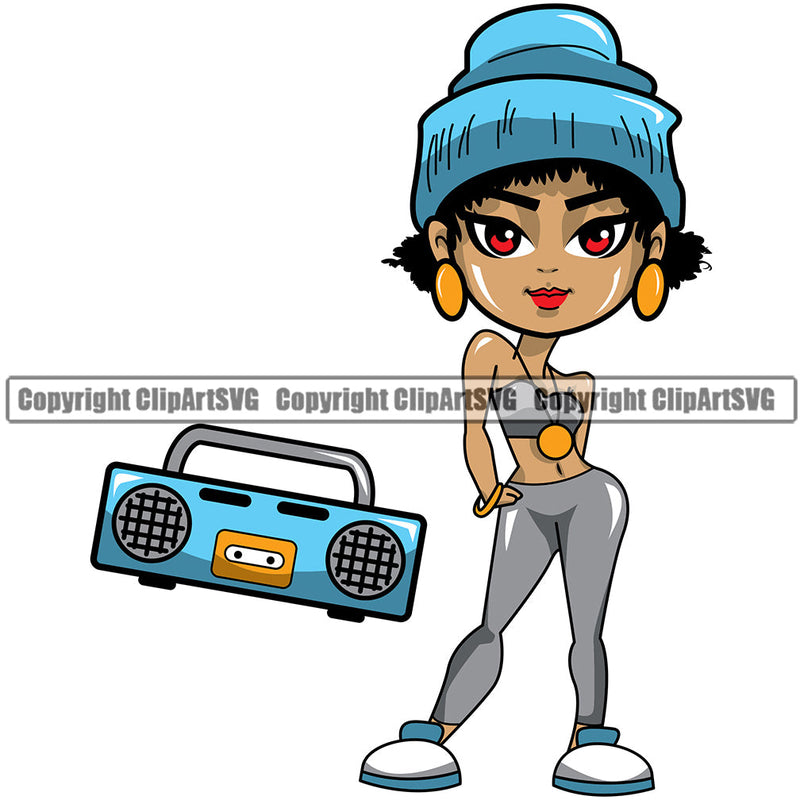 Black Woman African American Female Nubian Queen Lady Cartoon Character Girl Head Face Portrait Cute Hair Afro Big Eyes Lola Sexy Radio Boombox Rap Silhouette Art Design Logo Clipart SVG