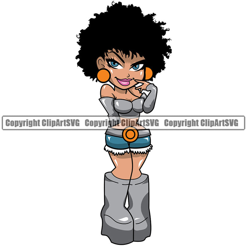 Black Woman African American Female Nubian Queen Lady Cartoon Character Girl Head Face Portrait Cute Hair Afro Big Eyes Lola Boots Posing Art Silhouette Design Logo Clipart SVG