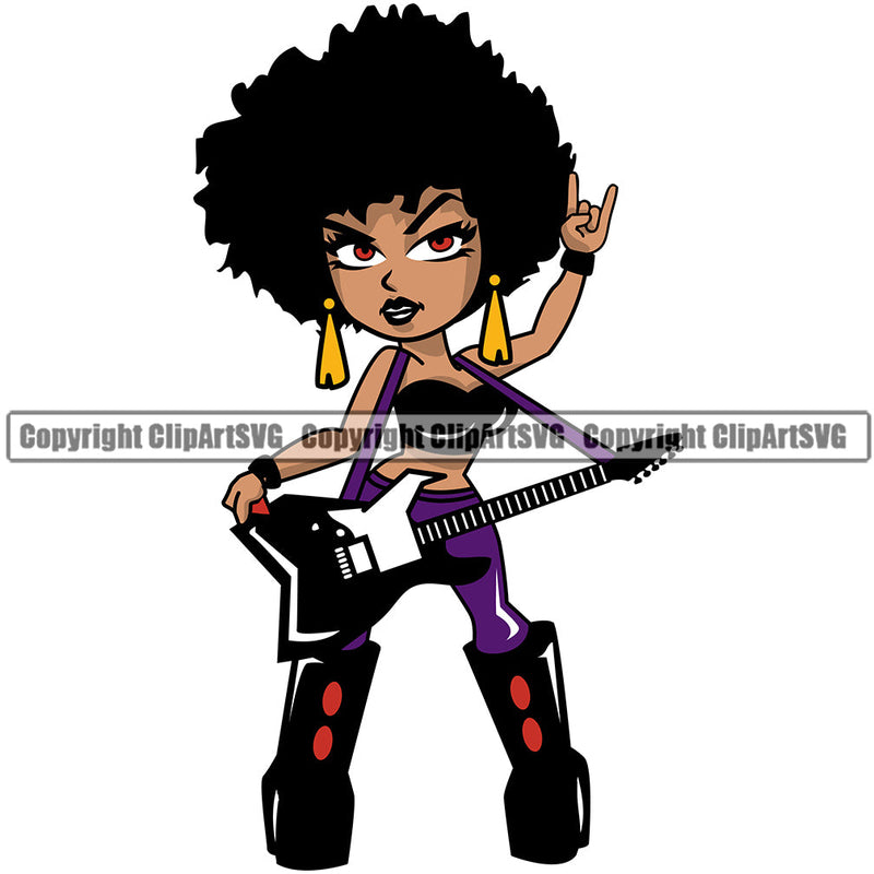 Black Woman African American Female Nubian Queen Lady Cartoon Character Girl Head Face Portrait Cute Hair Afro Big Eyes Lola Rock Star Guitar Art Silhouette Design Logo Clipart SVG