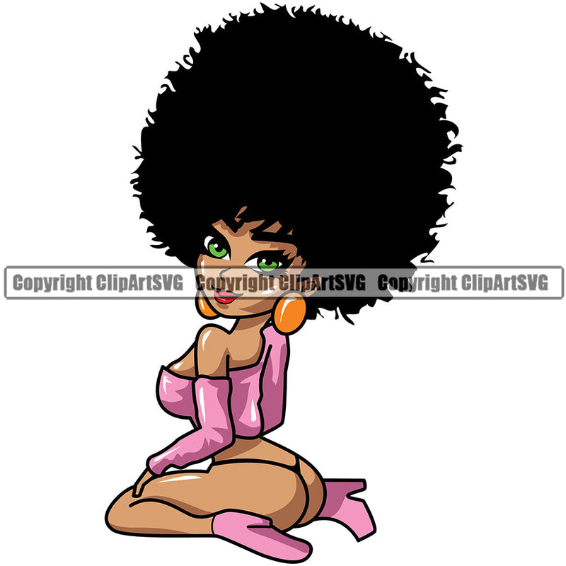 Black Woman African American Female Nubian Queen Lady Cartoon Character Girl Head Face Portrait Cute Hair Afro Big Eyes Lola Sexy Pose Fashion Art Silhouette Design Logo Clipart SVG