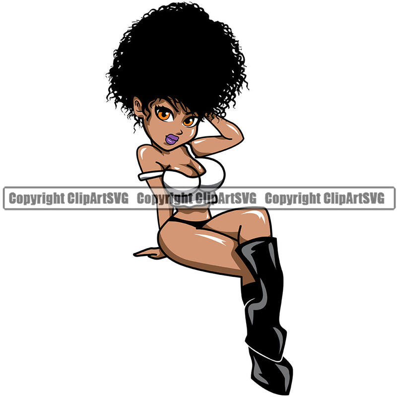 Black Woman African American Female Nubian Queen Lady Cartoon Character Girl Head Face Portrait Cute Hair Afro Big Eyes Lola Sexy Fashion Pose Art Silhouette Design Logo Clipart SVG