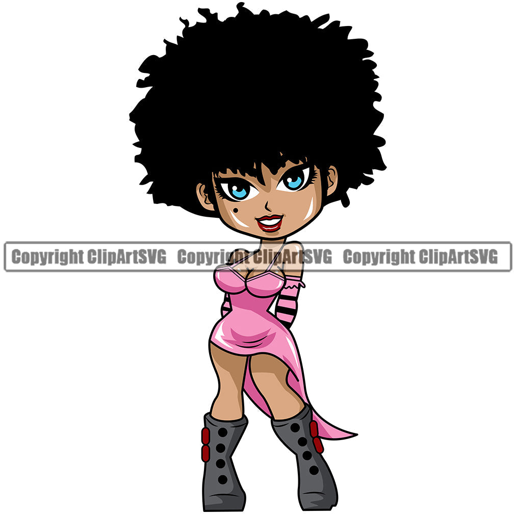 Black Woman African American Female Nubian Queen Lady Cartoon Character Girl Head Face Portrait Cute Hair Afro Big Eyes Lola Sexy Dress Silhouette Art Design Logo Clipart SVG