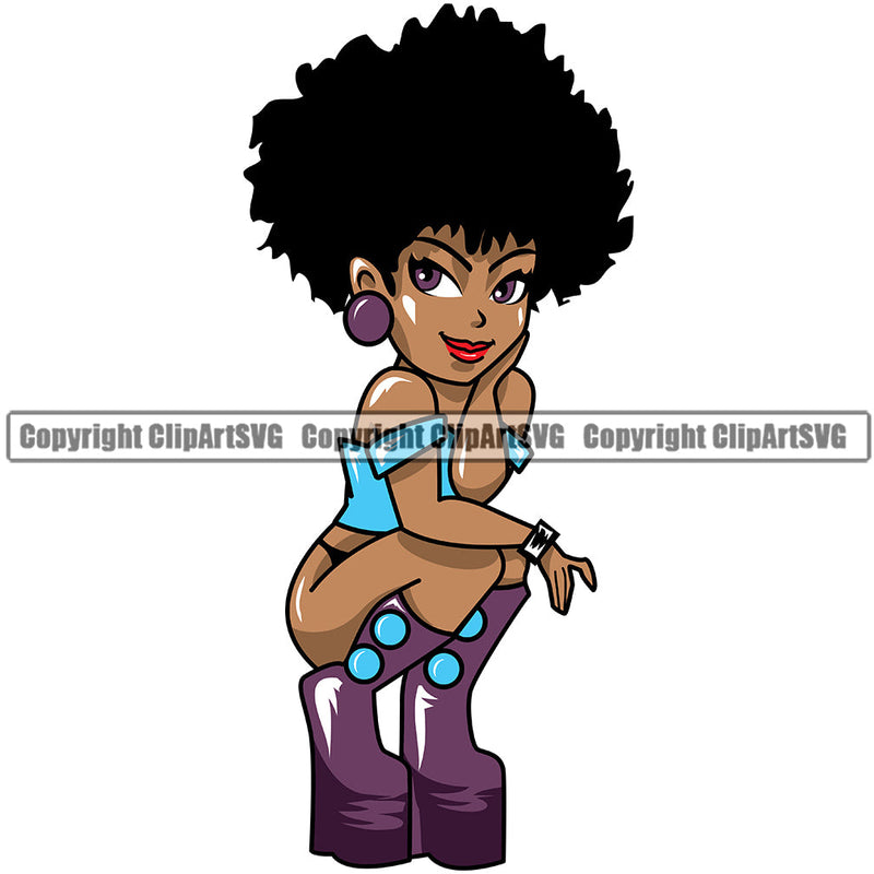 Black Woman African American Female Queen Nubian Lady Cartoon Character Girl Head Face Portrait Cute Hair Afro Big Eyes Lola Sexy Fashion Pose Art Silhouette Design Logo Clipart SVG