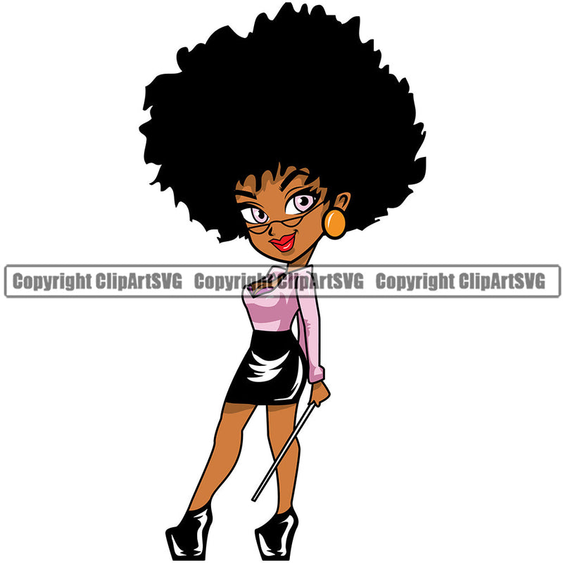 Black Woman African American Female Nubian Queen Lady Cartoon Character Girl Head Face Portrait Cute Hair Afro Big Eyes Lola Sexy School Teacher Silhouette Art Design Logo Clipart SVG