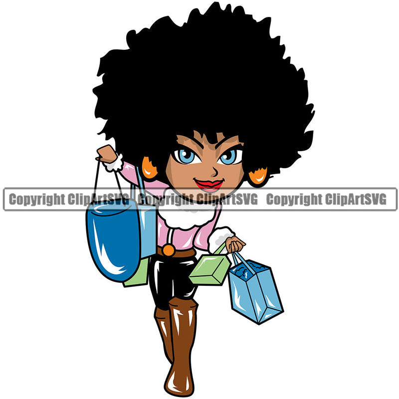 Black Woman African American Female Nubian Queen Lady Cartoon Character Girl Head Face Portrait Cute Hair Afro Big Eyes Lola Sexy Shop Shopper Shopping Bags Silhouette Art Design Logo Clipart SVG