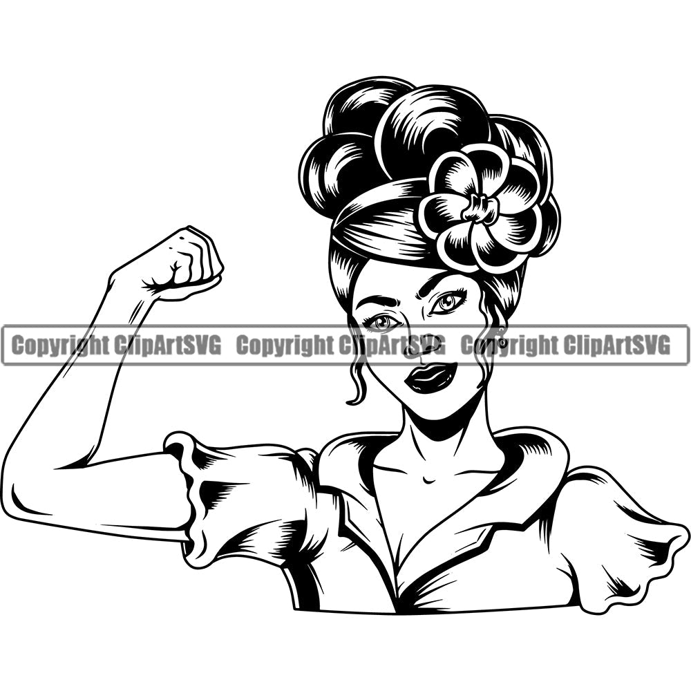 Black Woman African American Female Nubian Queen Lady Cartoon Character Girl Head Face Portrait Jewels Flower Hair Flexing Flex Muscle Jewelry Silhouette Art Design Logo Clipart SVG