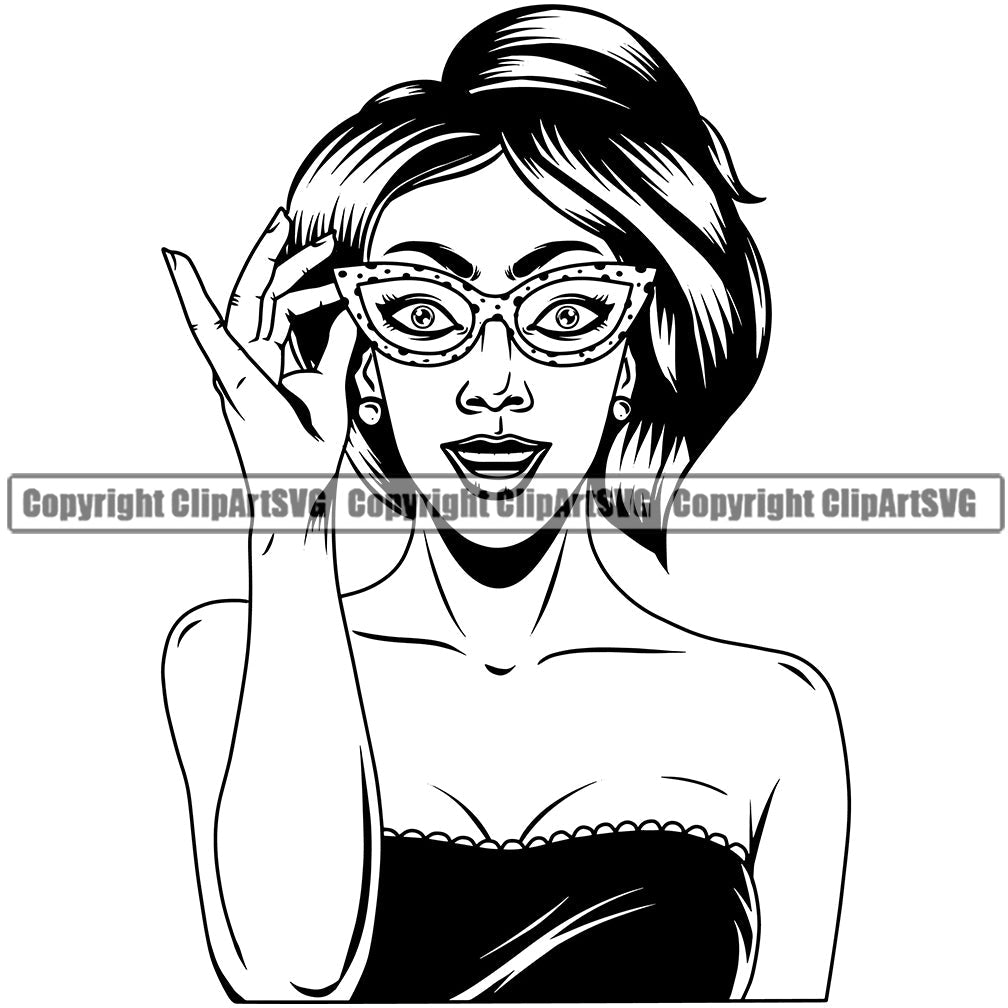 Black Woman African American Female Nubian Queen Lady Cartoon Character Girl Head Face Portrait Jewels Eye Glass Glasses Jewelry Silhouette Art Design Logo Clipart SVG