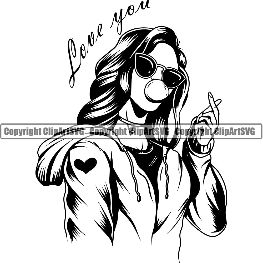 Black Woman African American Female Blowing Bubble Chewing Gun Love You Nubian Queen Lady Cartoon Character Girl Head Face Portrait Wavy Hair Sexy Tattoo Quote Silhouette Art Design Logo Clipart SVG