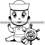 Black African American Little Boy Sailor Suit Outfit Clothes Boat Wheel Cartoon Character Girl Head Face Portrait Cute Baby Male Infant Sailor Nautical Ship Wheel Hat Cap Anchor Afro Big Eyes Art Silhouette Design Logo Clipart SVG