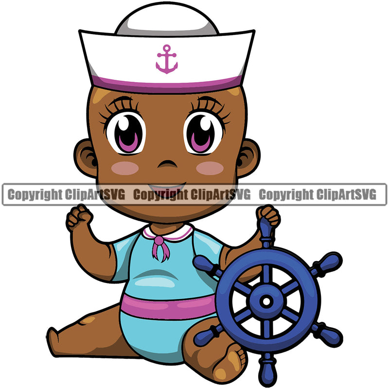 Black African American Little Boy Sailor Suit Outfit Clothes Boat Wheel Cartoon Character Head Face Portrait Cute Baby Male Infant Sailor Nautical Ship Wheel Hat Cap Anchor Afro Big Eyes Silhouette Art Design Logo Clipart SVG