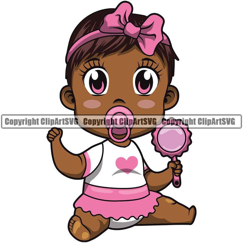 Black Woman African American Female Nubian Queen Lady Cartoon Character Girl Head Face Portrait Cute Baby Infant Hair Ribbon Bow Pacifier Rattle Toy Big Eyes Silhouette Art Design Logo Clipart SVG