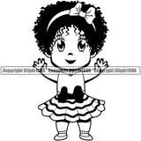 Black Woman African American Female Nubian Queen Lady Cartoon Character Girl Head Face Portrait Cute Baby Child Kid Hair Curls Bow Ribbon Skirt Dress Big Eyes Art Silhouette Design Logo Clipart SVG