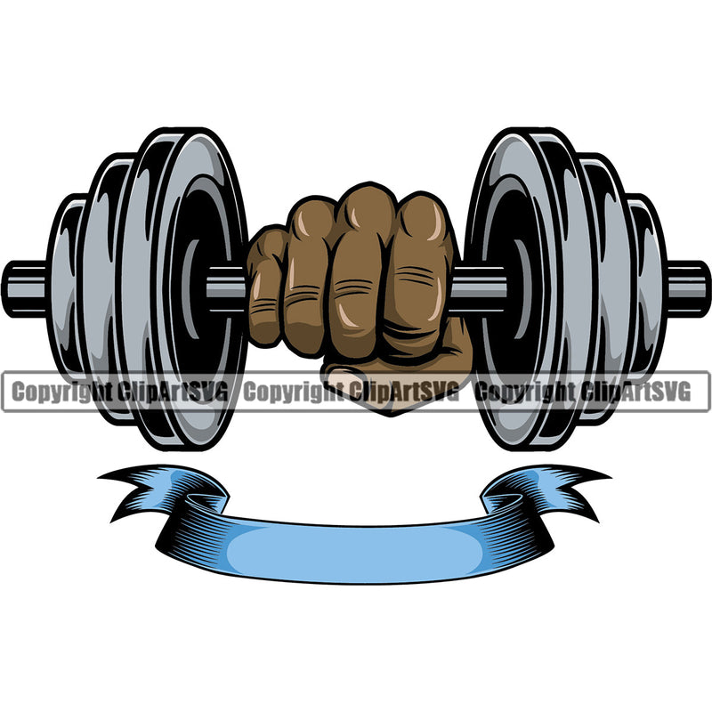 Bodybuilding Athlete Bodybuilder Fitness Trainer Gym Workout Training Muscle Sport Bodybuild Train Health Healthy Lifestyle Weightlifting Hand Holding Dumbbell With Ribbon Weight Bar Flex Fit Body Color Art Design Logo Clipart SVG