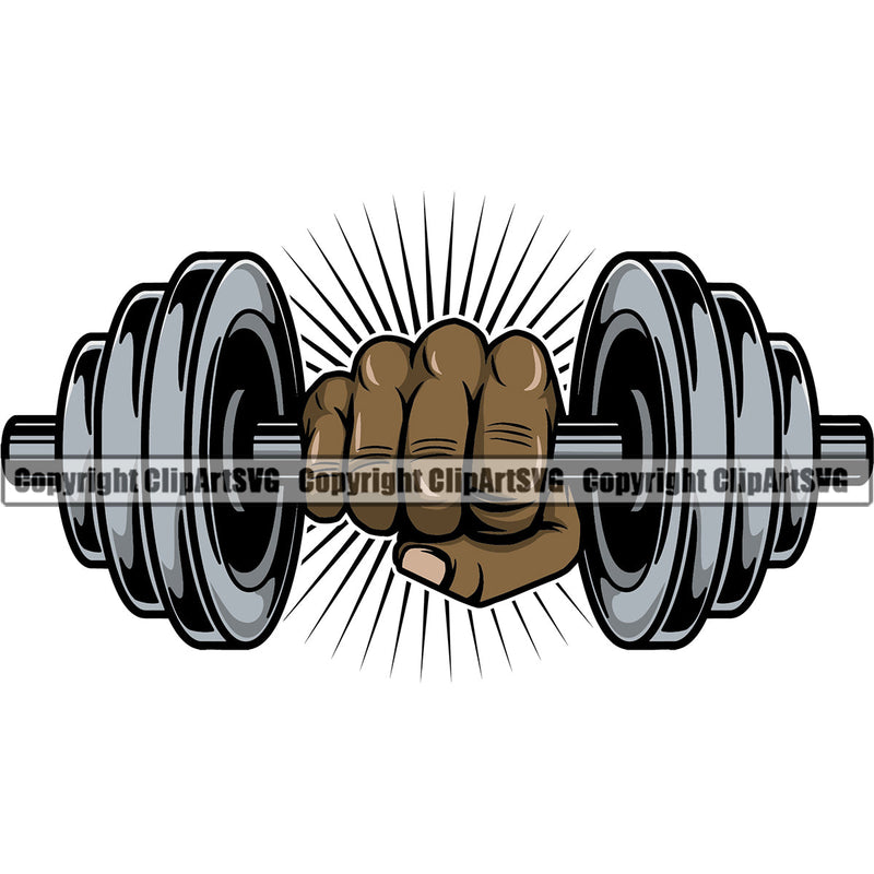 Bodybuilding Athlete Bodybuilder Fitness Trainer Gym Workout Training Muscle Sport Bodybuild Train Health Healthy Lifestyle Weightlifting Black Hand Holding Dumbbell With Sun Weight Bar Flex Fit Body Color Art Design Logo Clipart SVG