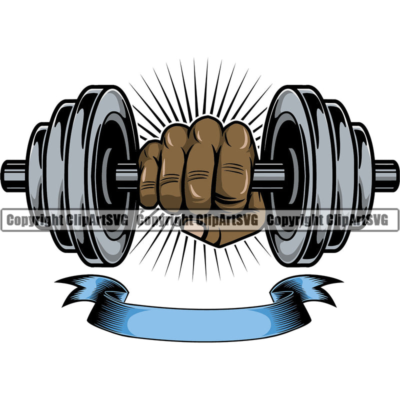 Bodybuilding Athlete Bodybuilder Fitness Trainer Gym Workout Training Muscle Sport Bodybuild Train Health Healthy Lifestyle Weightlifting Hand Holding Dumbbell Sun With Ribbon Weight Bar Flex Fit Body Color Art Design Logo Clipart SVG