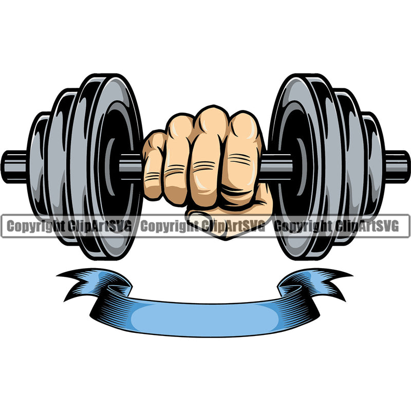 Bodybuilding Athlete Bodybuilder Fitness Trainer Gym Workout Training Muscle Sport Bodybuild Train Health Healthy Lifestyle Weightlifting Hand Holding Dumbbell Weight Bar With Ribbon  Flex Fit Body Color Art Design Logo Clipart SVG