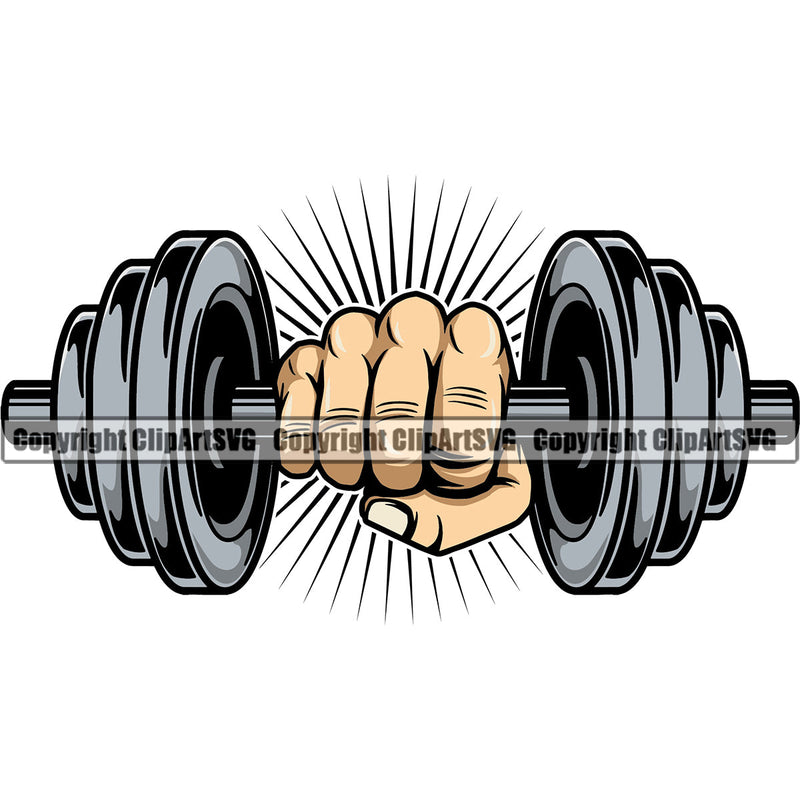 Bodybuilding Athlete Bodybuilder Fitness Trainer Gym Workout Training Muscle Sport Bodybuild Train Health Healthy Lifestyle Weightlifting Black Hand Holding Dumbbell With Sun Weight Bar Flex Fit Body White Art Design Logo Clipart SVG