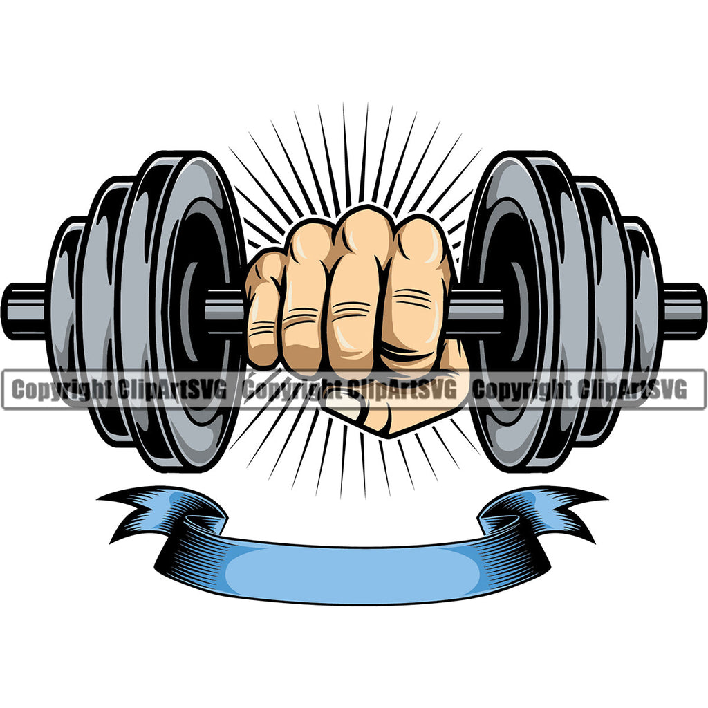 Bodybuilding Athlete Bodybuilder Fitness Trainer Gym Workout Training Muscle Sport Bodybuild Train Health Healthy Lifestyle Weightlifting Hand Holding Dumbbell With Sun Ribbon Weight Bar Flex Fit Body Color Art Design Logo Clipart SVG